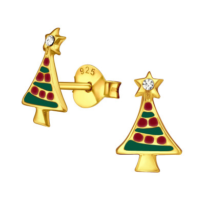 Children's Silver Christmas Tree Ear Studs with Crystal and Epoxy