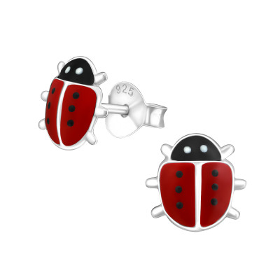 Children's Silver Ladybug Ear Studs with Epoxy