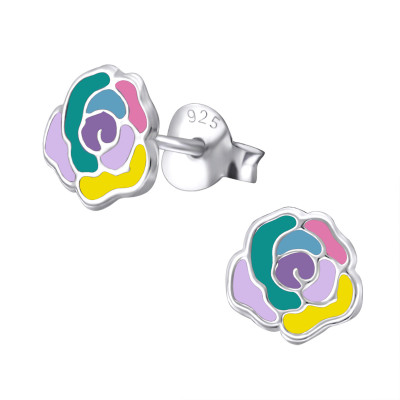 Children's Silver Rose Ear Studs with Epoxy