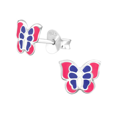 Children's Silver Butterfly Ear Studs with Epoxy