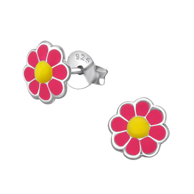 Children's Silver Flower Ear Studs with Epoxy