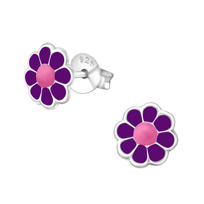 Children's Silver Daisy Ear Studs with Epoxy