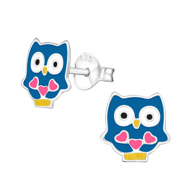 Children's Silver Owl Ear Studs with Epoxy