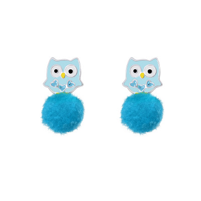 Children's Silver Owl Ear Studs with Epoxy and Pom Pom