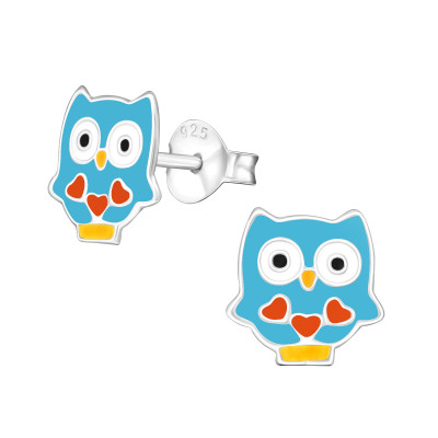 Children's Silver Owl Ear Studs with Epoxy