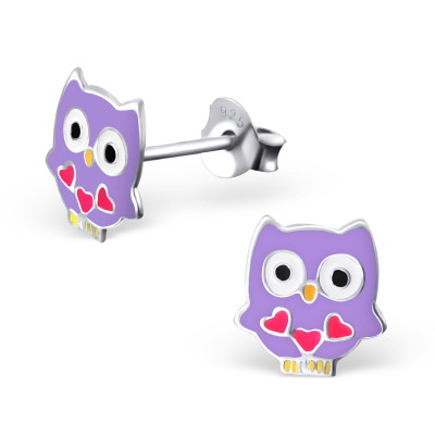 Owl Children's Sterling Silver Ear Studs with Epoxy