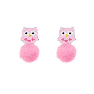 Children's Silver Owl Ear Studs with Epoxy and Pom Pom