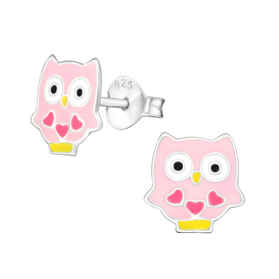 Children's Silver Owl Ear Studs with Epoxy