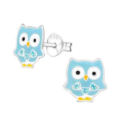 Children's Silver Owl Ear Studs with Epoxy