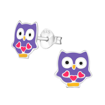 Children's Silver Owl Ear Studs with Epoxy