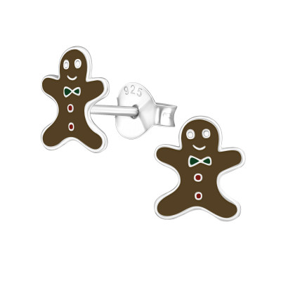 Children's Silver Gingerbread Ear Studs with Epoxy