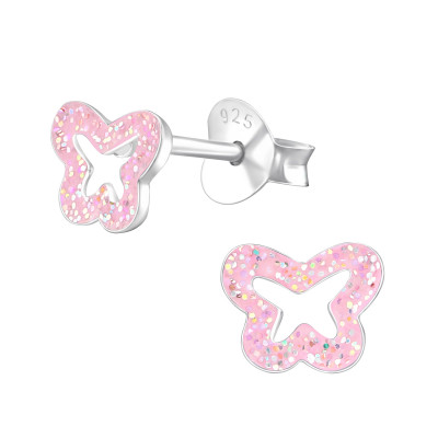 Children's Silver Butterfly Ear Studs with Epoxy