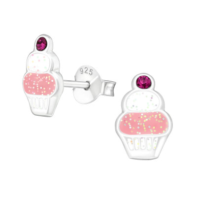 Children's Silver Cupcake Ear Studs with Crystal and Epoxy