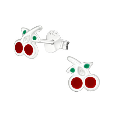 Children's Silver Cherry Ear Studs with Epoxy