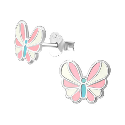 Children's Silver Butterfly Ear Studs with Epoxy