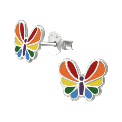 Children's Silver Butterfly Ear Studs with Epoxy