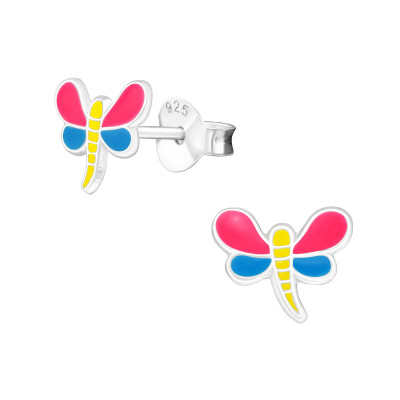 Children's Silver Dragonfly Ear Studs with Epoxy