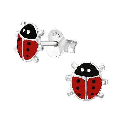 Children's Silver Ladybug Ear Studs with Epoxy