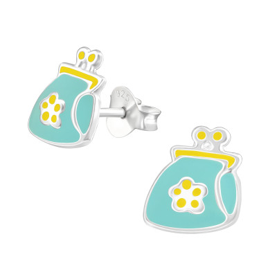 Children's Silver Purse Ear Studs with Epoxy