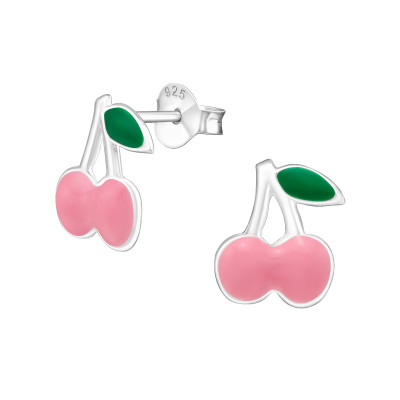 Children's Silver Cherry Ear Studs with Epoxy