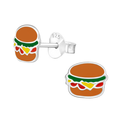 Children's Silver Hamburger Ear Studs with Epoxy