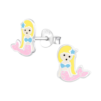 Children's Silver Mermaid Ear Studs with Epoxy