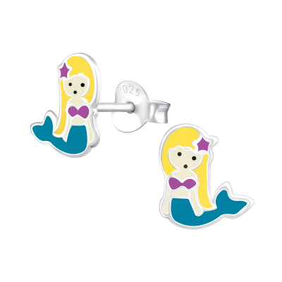 Children's Silver Mermaid Ear Studs with Epoxy