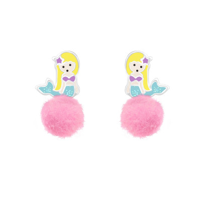 Children's Silver Mermaid Ear Studs with Epoxy and Pom Pom