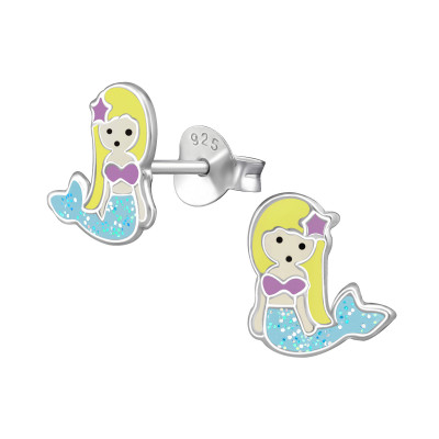 Children's Silver Mermaid Ear Studs with Epoxy