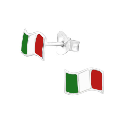 Children's Silver Italy Flag Ear Studs with Epoxy