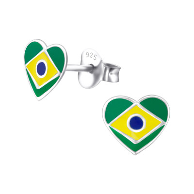 Children's Silver Brazil Flag Ear Studs with Epoxy