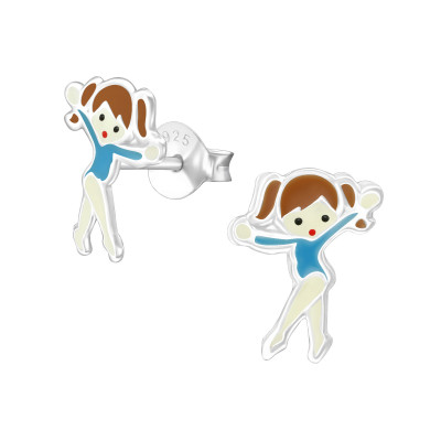 Children's Silver Ballet Dancer Ear Studs with Epoxy