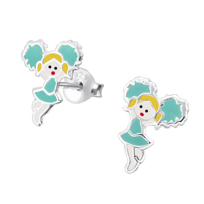 Children's Silver Cheerleader Ear Studs with Epoxy