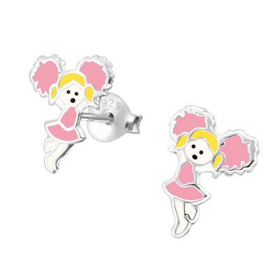 Children's Silver Cheerleader Ear Studs with Epoxy