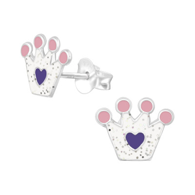 Children's Silver Crown Ear Studs with Epoxy