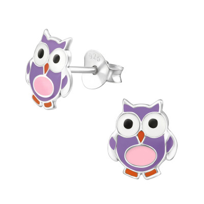 Children's Silver Owl Ear Studs with Epoxy