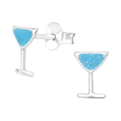 Children's Silver Cocktail Glass Ear Studs with Epoxy