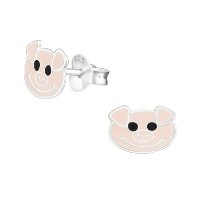 Children's Silver Pig Face Ear Studs with Epoxy