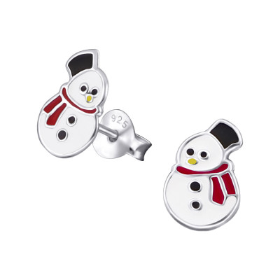 Children's Silver Snowman Ear Studs with Epoxy