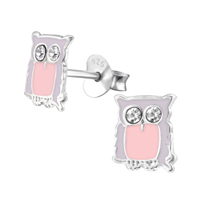 Children's Silver Owl Ear Studs with Crystal and Epoxy