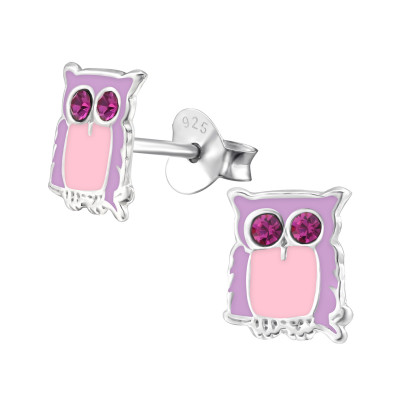 Children's Silver Owl Ear Studs with Crystal and Epoxy