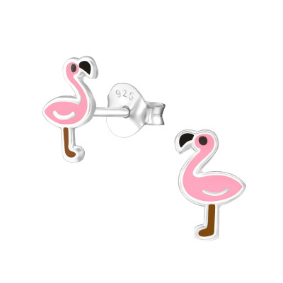 Children's Silver Flamingo Ear Studs with Epoxy