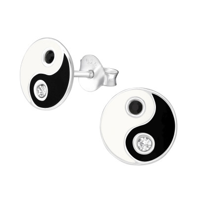 Children's Silver Yin-Yang Ear Studs with Crystal and Epoxy