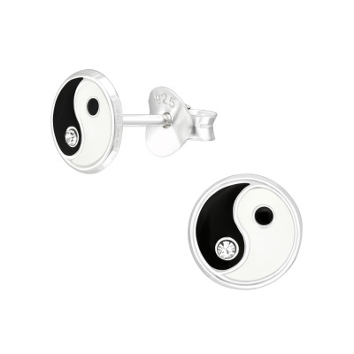 Children's Silver Yin-Yang Ear Studs with Crystal and Epoxy