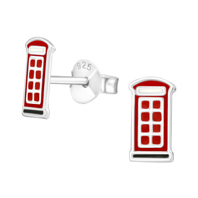 Children's Silver London Phone Box Ear Studs with Epoxy