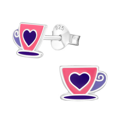 Children's Silver Tea Cup Ear Studs with Epoxy