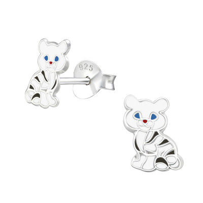 Children's Silver white tiger Ear Studs with Epoxy