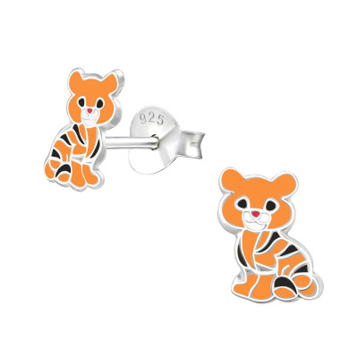 Tiger Children's Sterling Silver Ear Studs with Epoxy