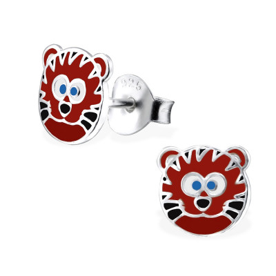 Children's Silver Tiger Face Ear Studs with Epoxy