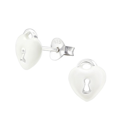 Children's Silver Heart Padlock Ear Studs with Epoxy